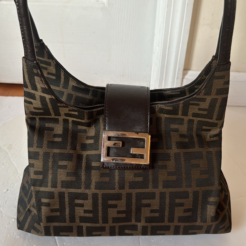 Fendi Brown Logo Canvas Shoulder Bag with Dark Brown Leather Trim - Picture 2 of 14